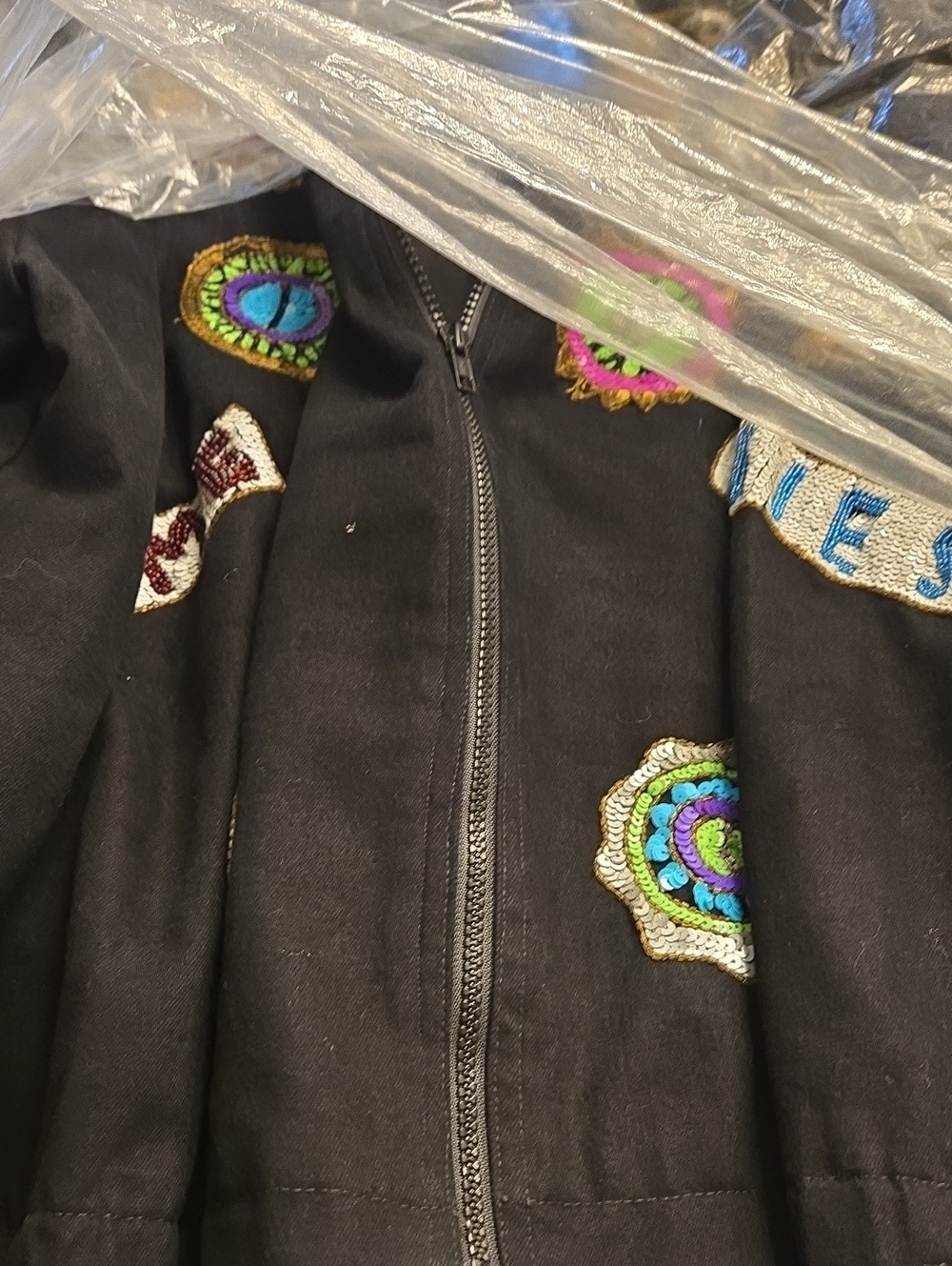 Vintage Custom Black Sequin Bling Jewel Tone Oversized Denim Jacket Sz 10/12/14 - Picture 9 of 9
